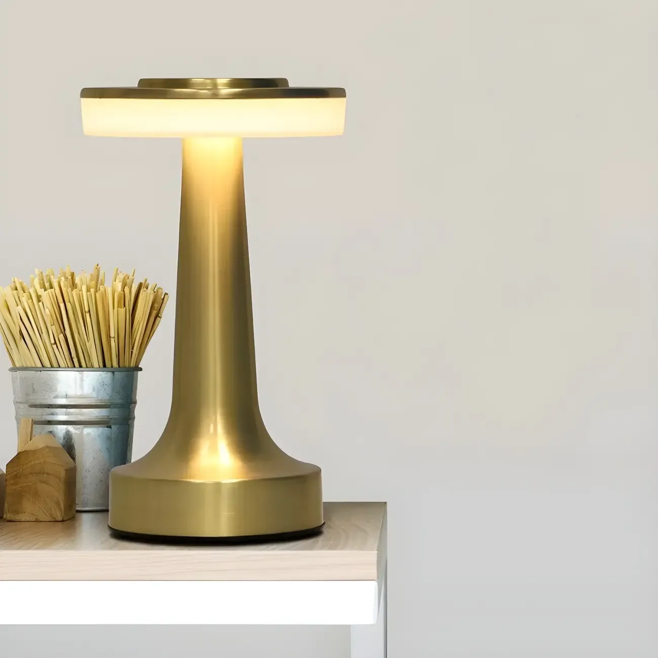 Gold Metal LED Drum Shade Cordless Table Lamp Image - 1