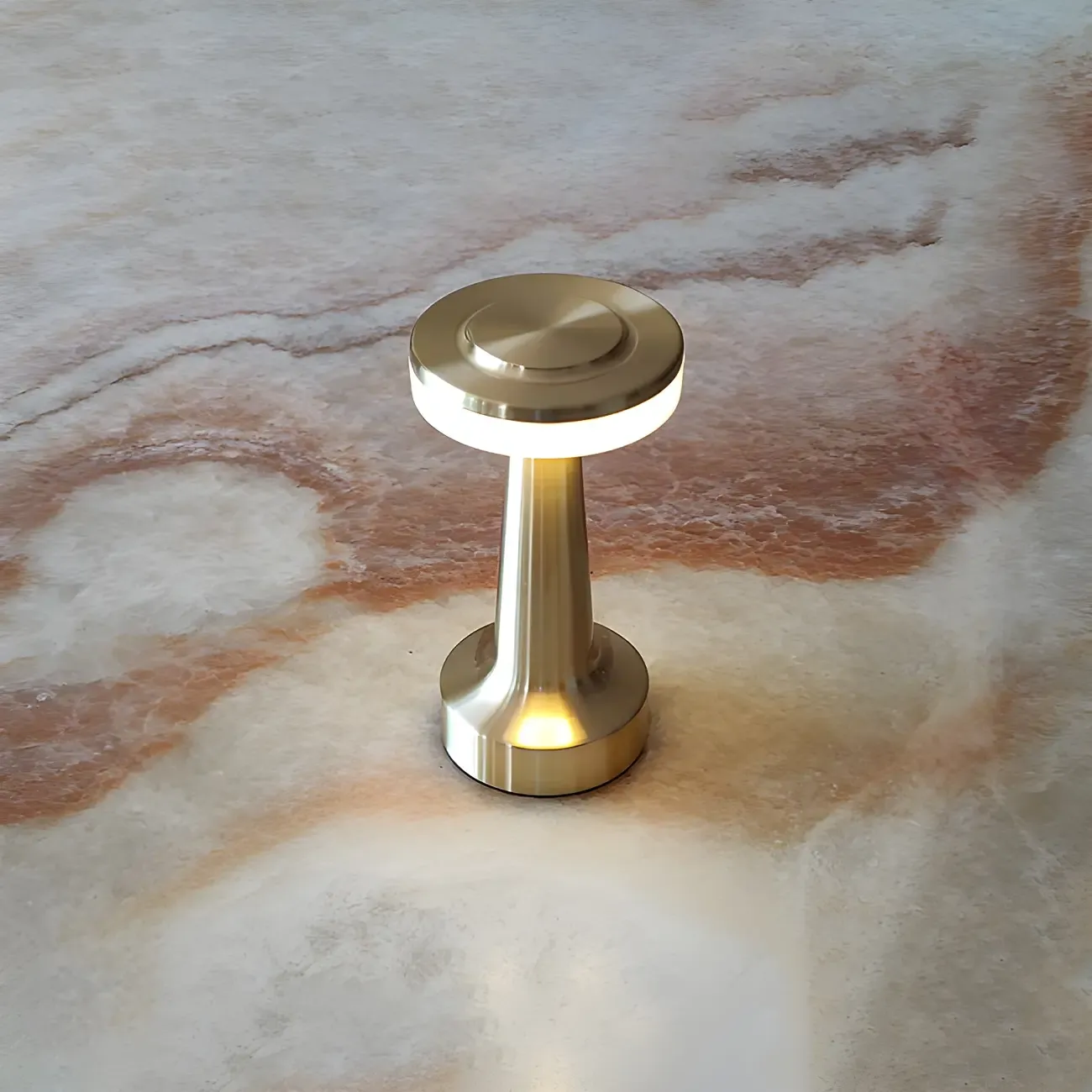 Gold Metal LED Drum Shade Cordless Table Lamp Image - 3