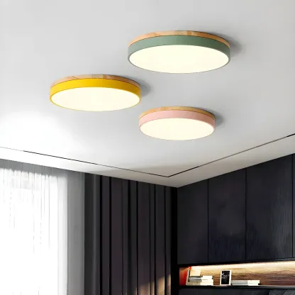 Colorful Round Wooden LED Flush Mount Ceiling Light Dimmable