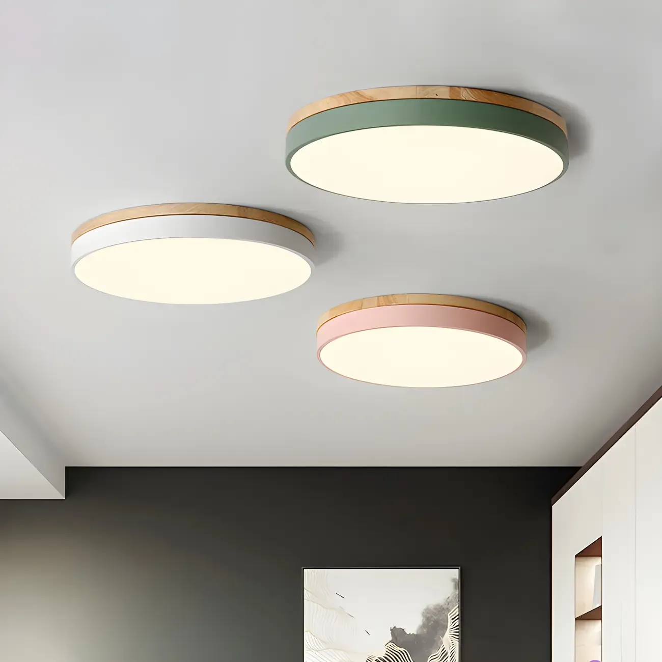 Colorful Round Wooden LED Flush Mount Ceiling Light Dimmable