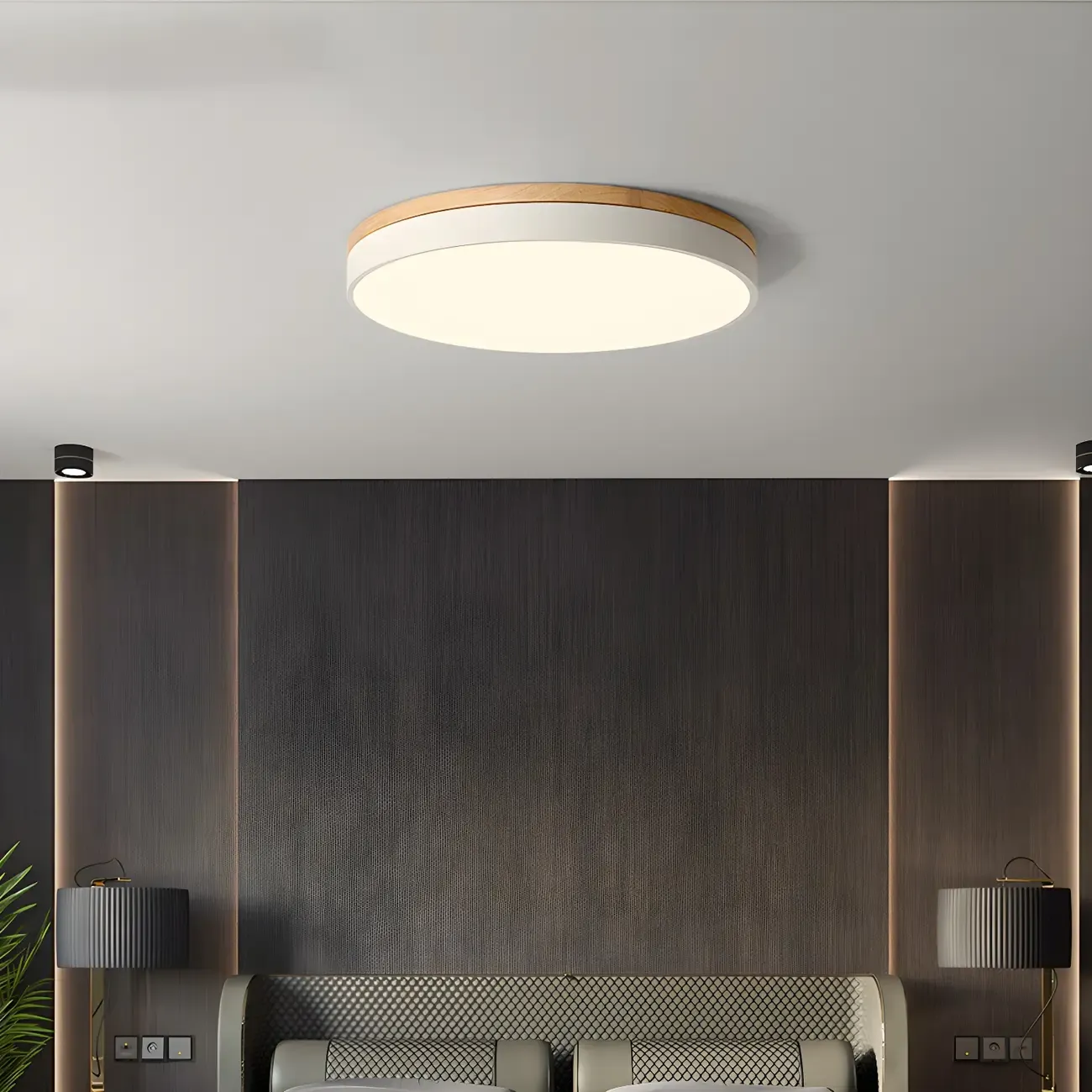 Colorful Round Wooden LED Flush Mount Ceiling Light Dimmable