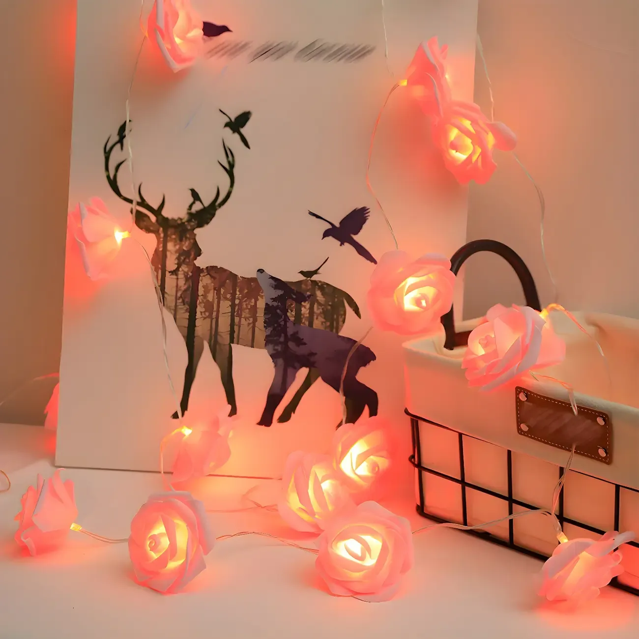 Romantic Pink and White Rose Floral String Light Image - 1