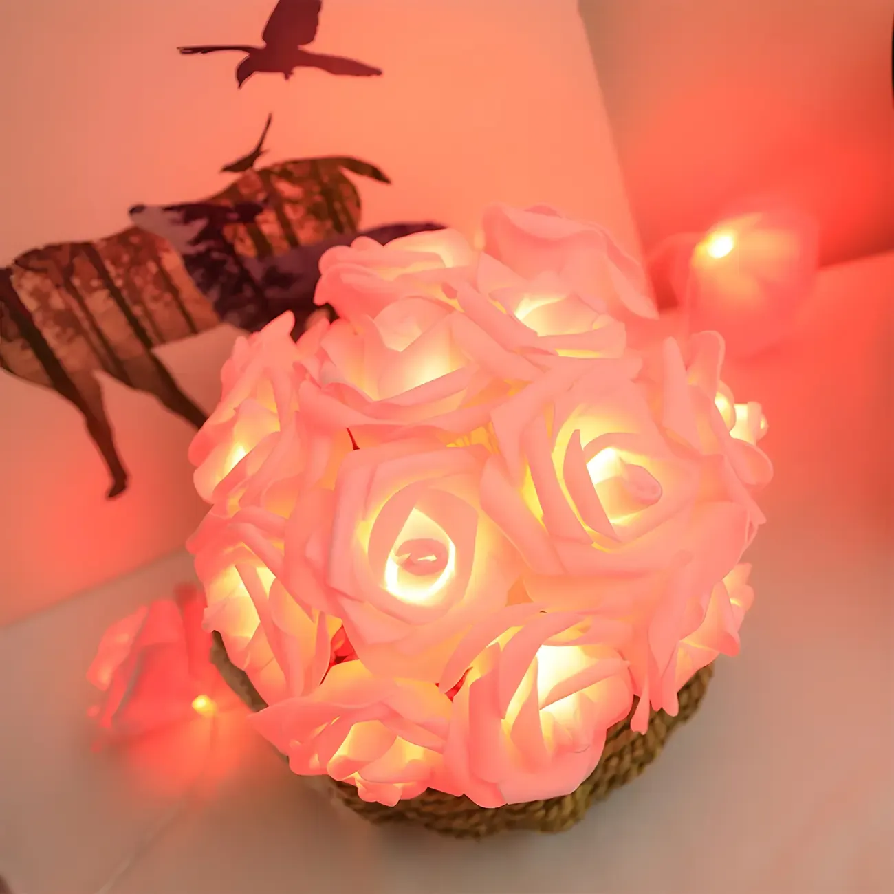 Romantic Pink and White Rose Floral String Light Image - 11