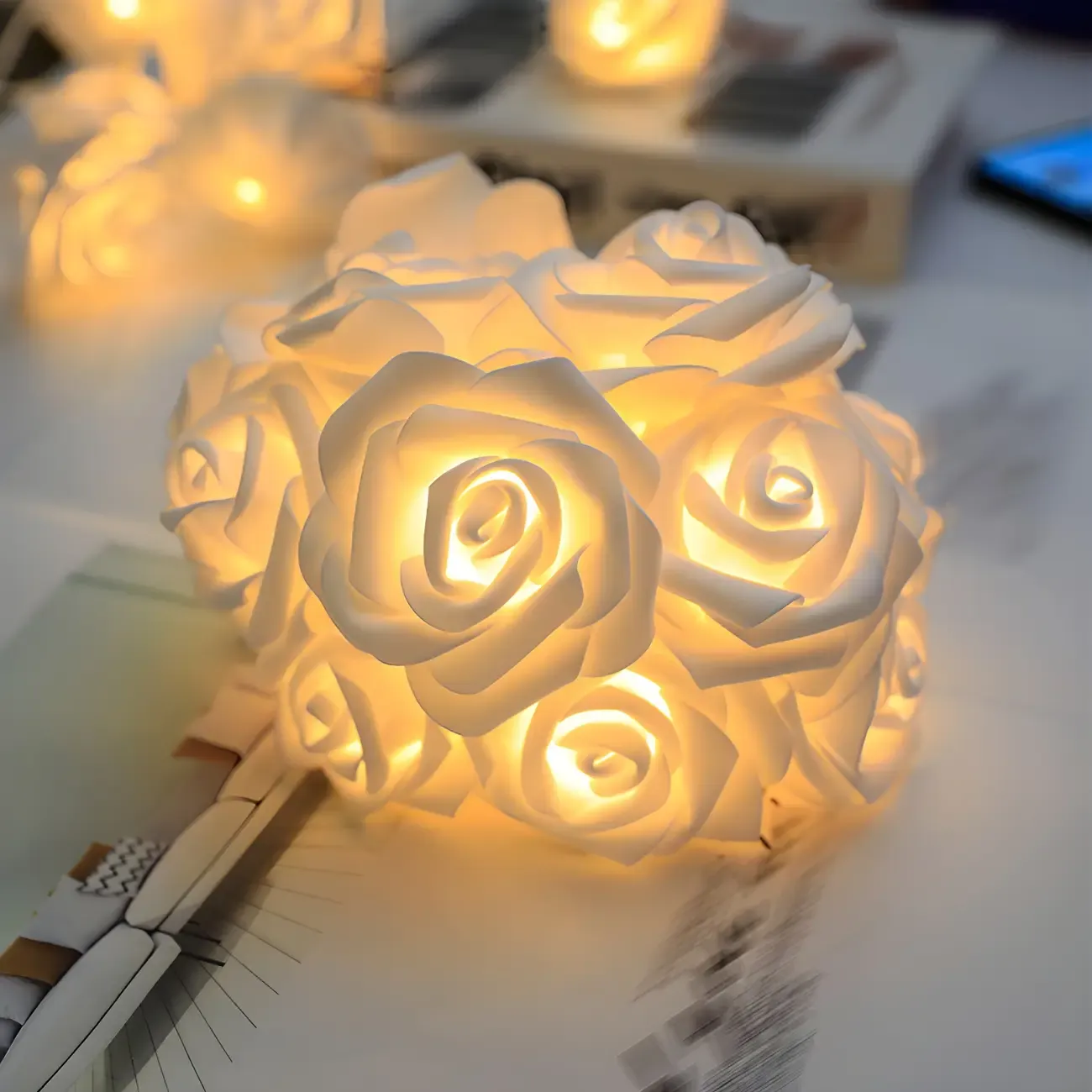 Romantic Pink and White Rose Floral String Light Image - 12