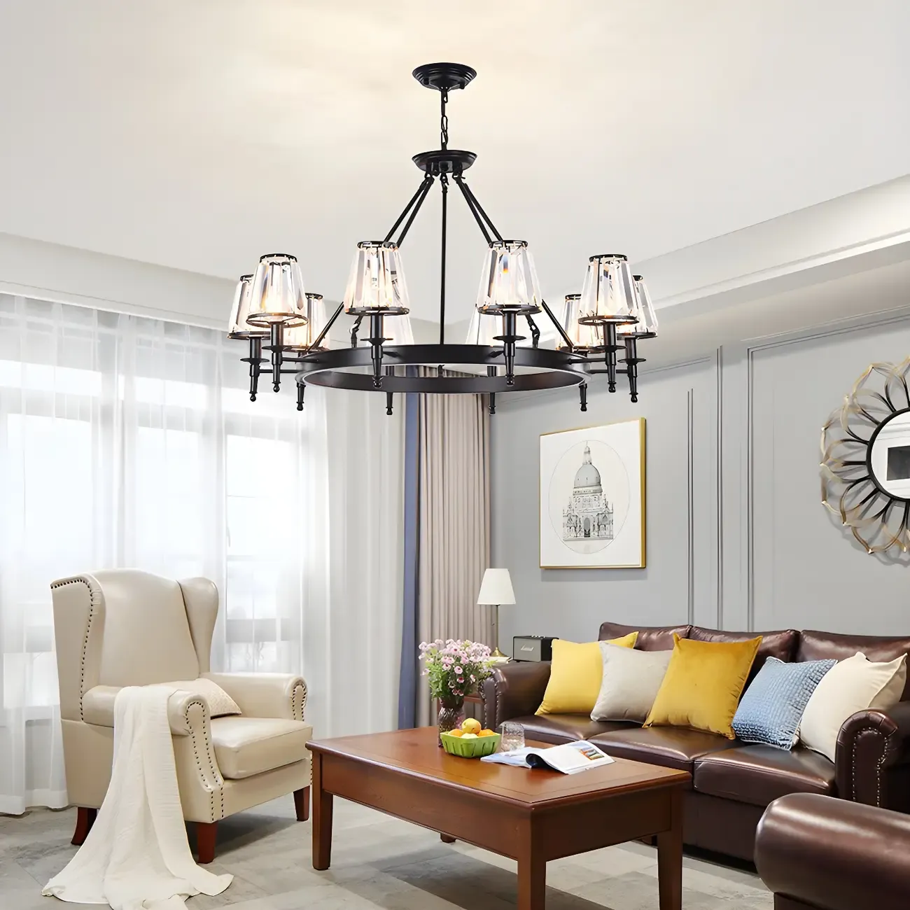 Vintage Metal Chandelier with Glass Shades for Living Room Image - 4