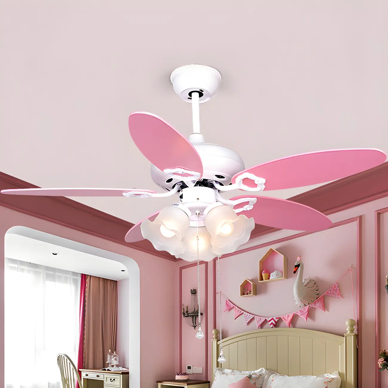 Kids Room Pink Floral Downrod Ceiling Fan with Lights Image - 1 | homeyfad