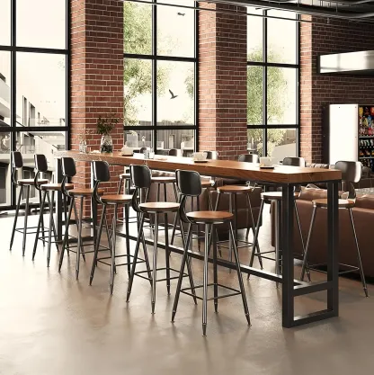 Brown Rectangular Pine Wood Bar Table with Steel Base