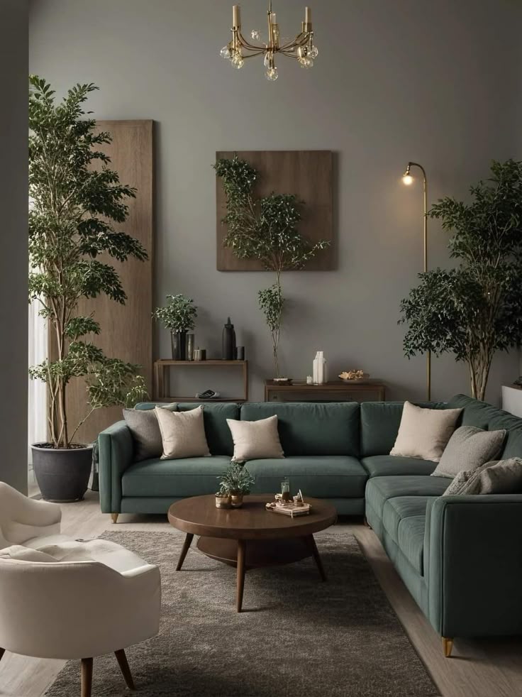 green sofa with gray walls