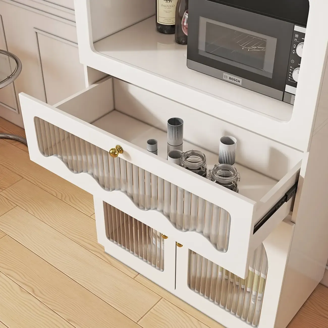 Tall White MDF Fluted Glass Doors Wine storage Sideboard Image - 8