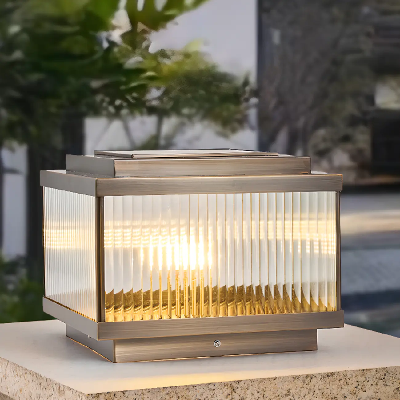 Modern Square Ribbing Glass Solar Post Cap Light Image - 7 | homeyfad