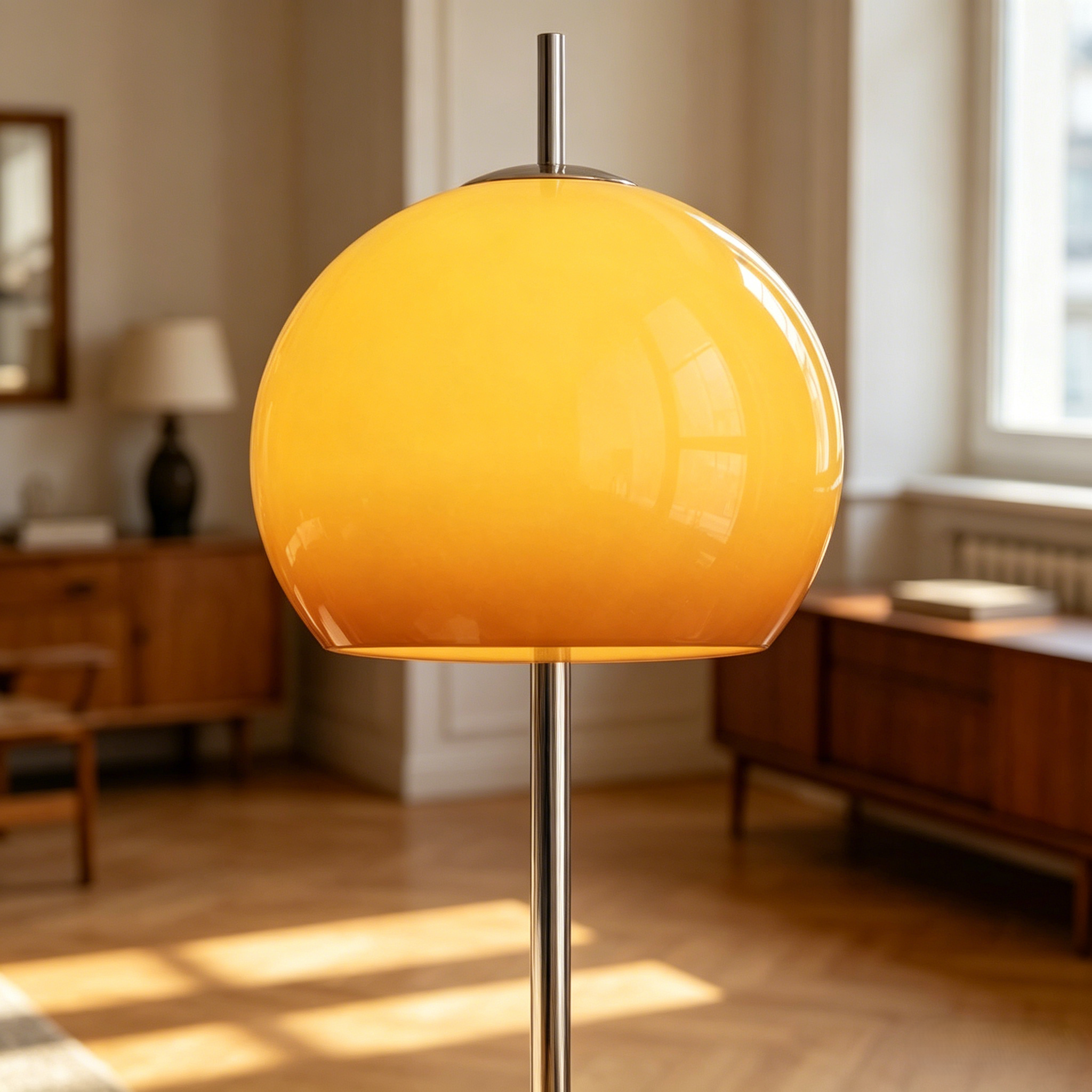 Contemporary Stand Up Floor Lamp with Amber Orange Glass Dome | homeyfad