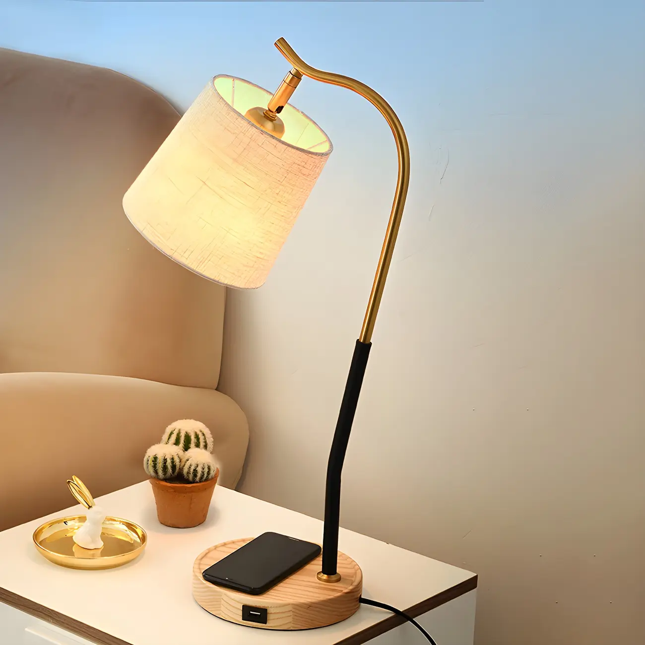 Oriental Arched Wood Fabric Barrel Table Lamp for Bedroom Image - 2 | homeyfad