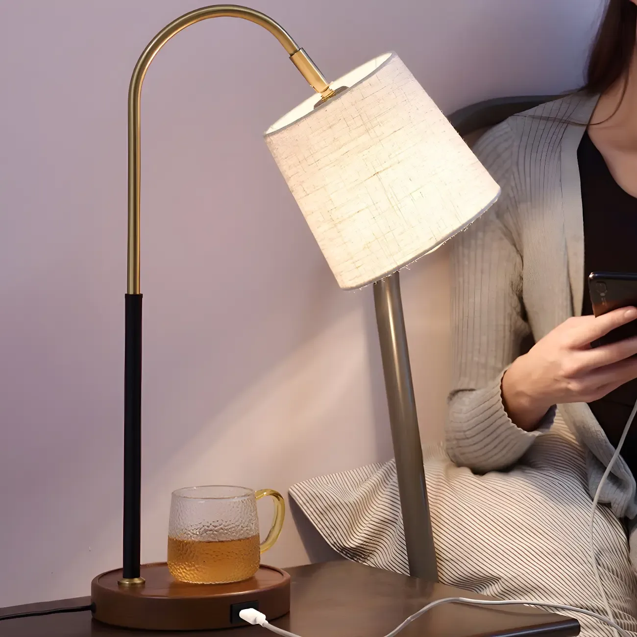 Oriental Arched Wood Fabric Barrel Table Lamp for Bedroom Image - 6