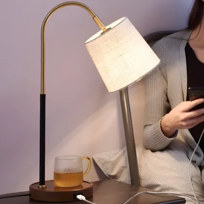 Oriental Arched Wood Fabric Barrel Table Lamp for Bedroom Image - 6