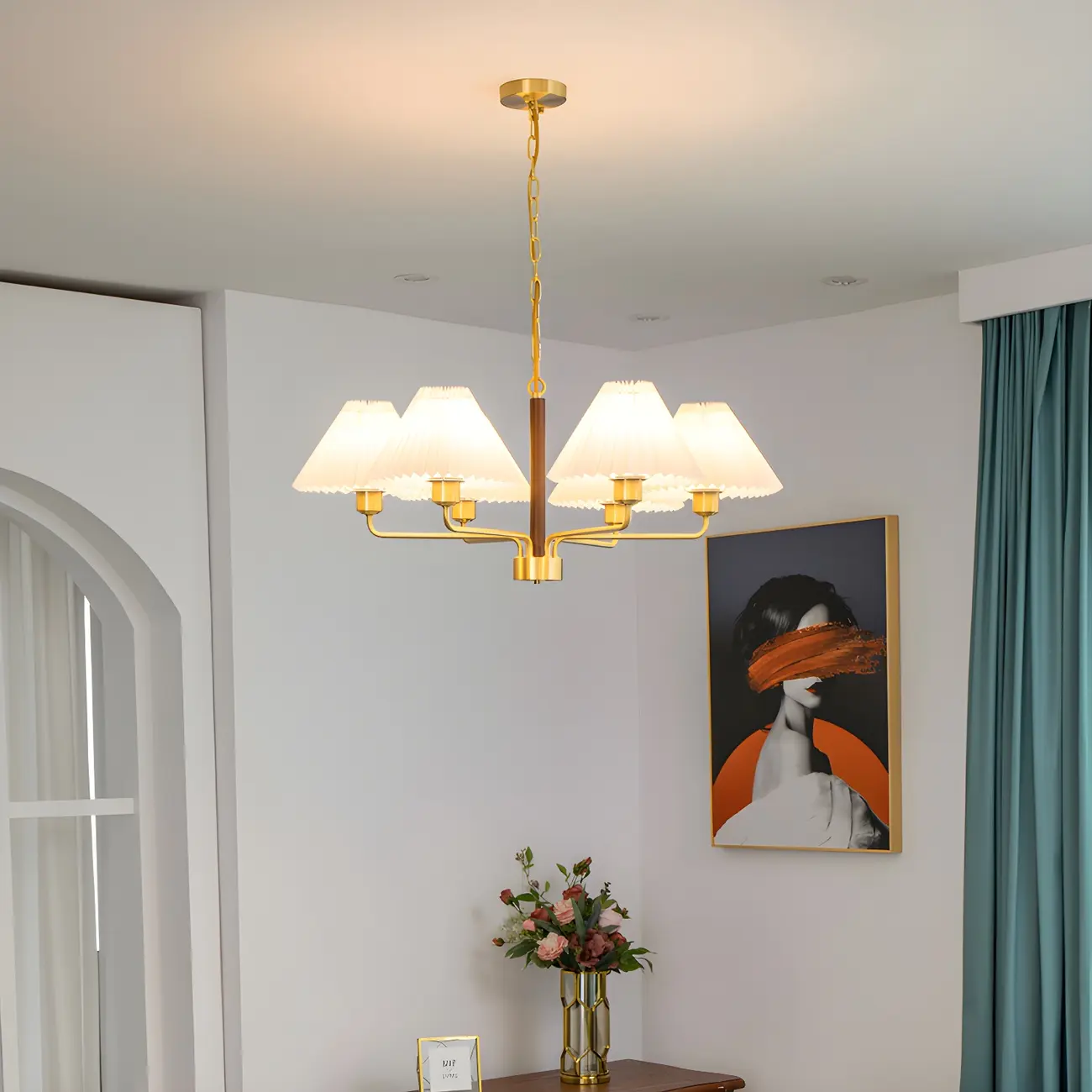 Gold Linear Metal Pleated Modern Chandelier Light | homeyfad