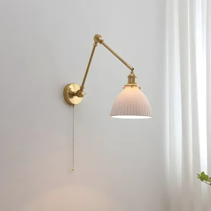 Classic Gold Metal Swing Arm Ceramics Shade Wall Light Image - 3