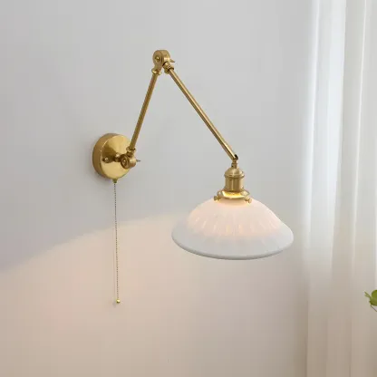Classic Gold Metal Swing Arm Ceramics Shade Wall Light Image - 4