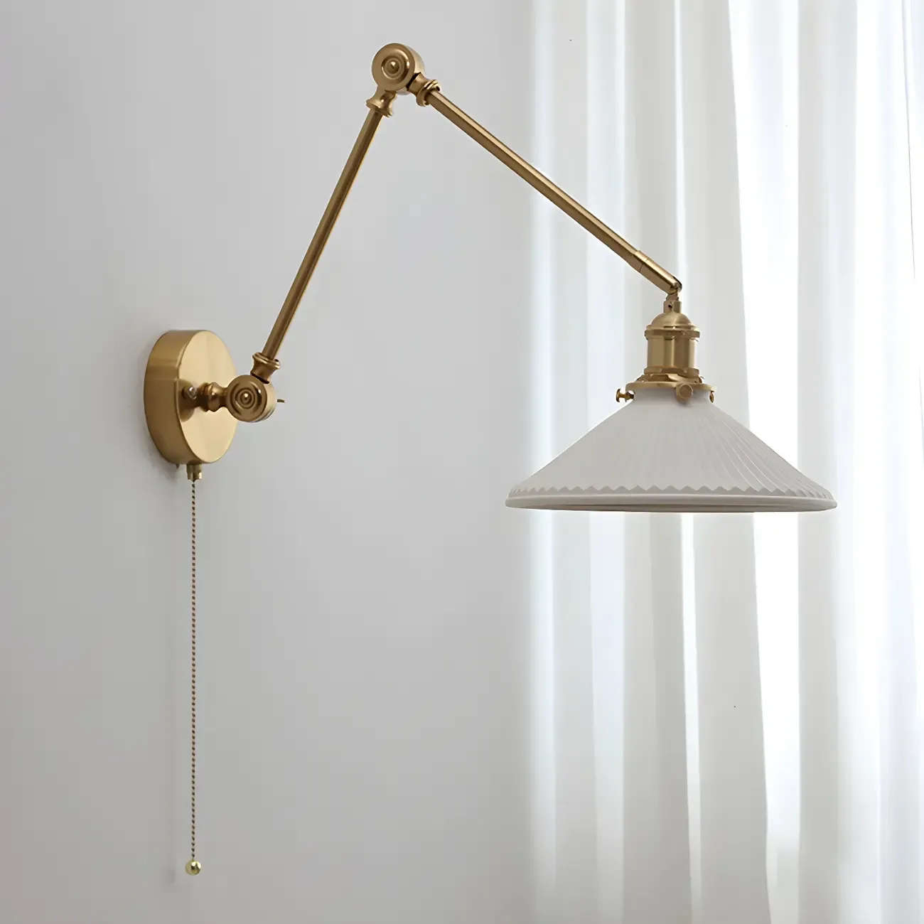 Classic Gold Metal Swing Arm Ceramics Shade Wall Light Image - 10