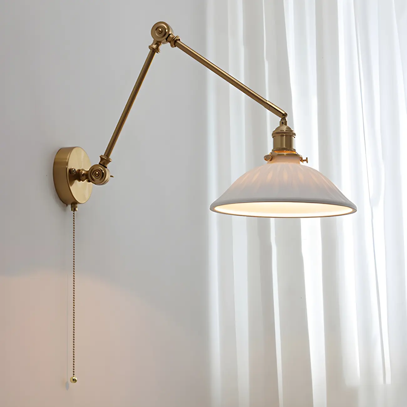 Classic Gold Metal Swing Arm Ceramics Shade Wall Light Image - 9 | homeyfad