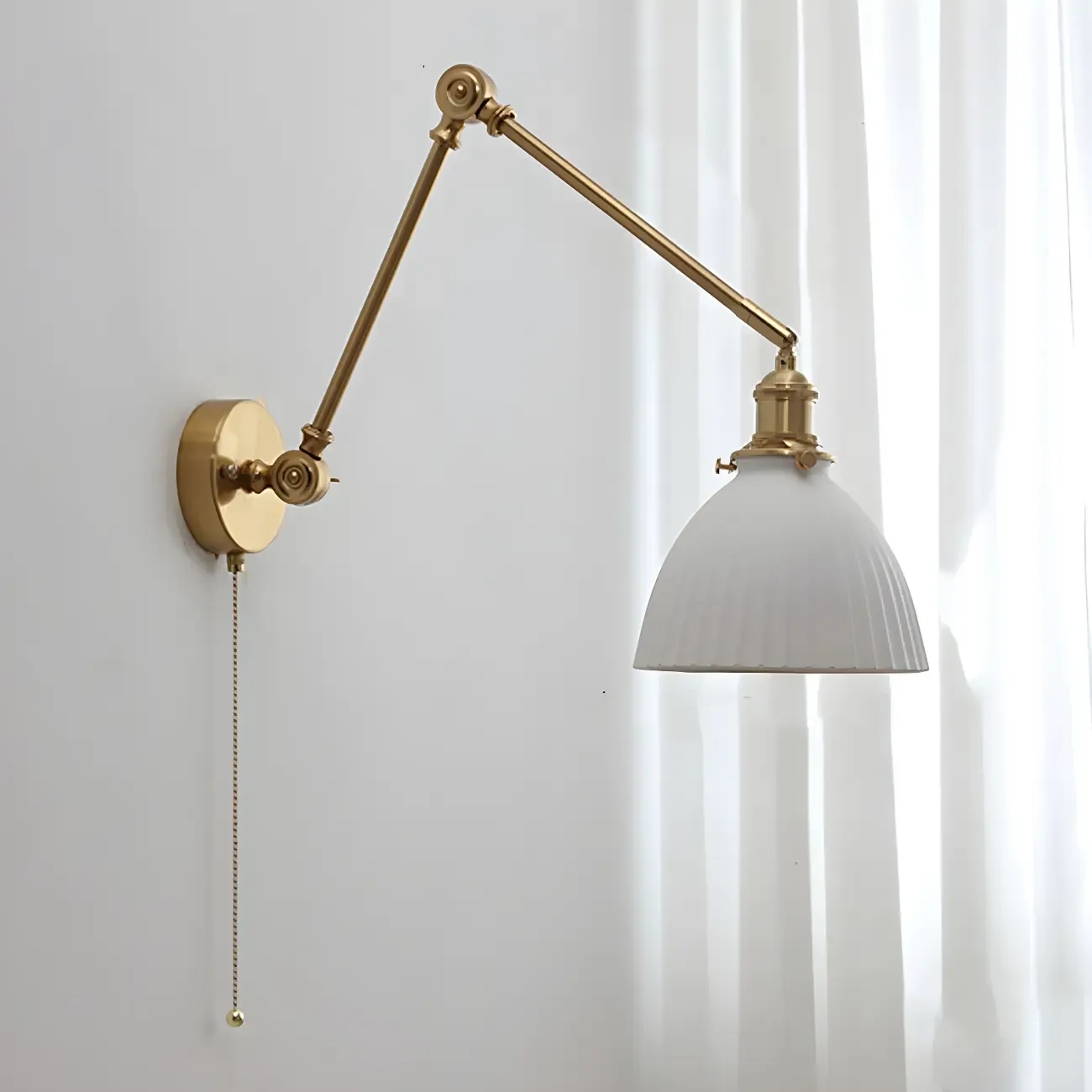 Classic Gold Metal Swing Arm Ceramics Shade Wall Light Image - 8
