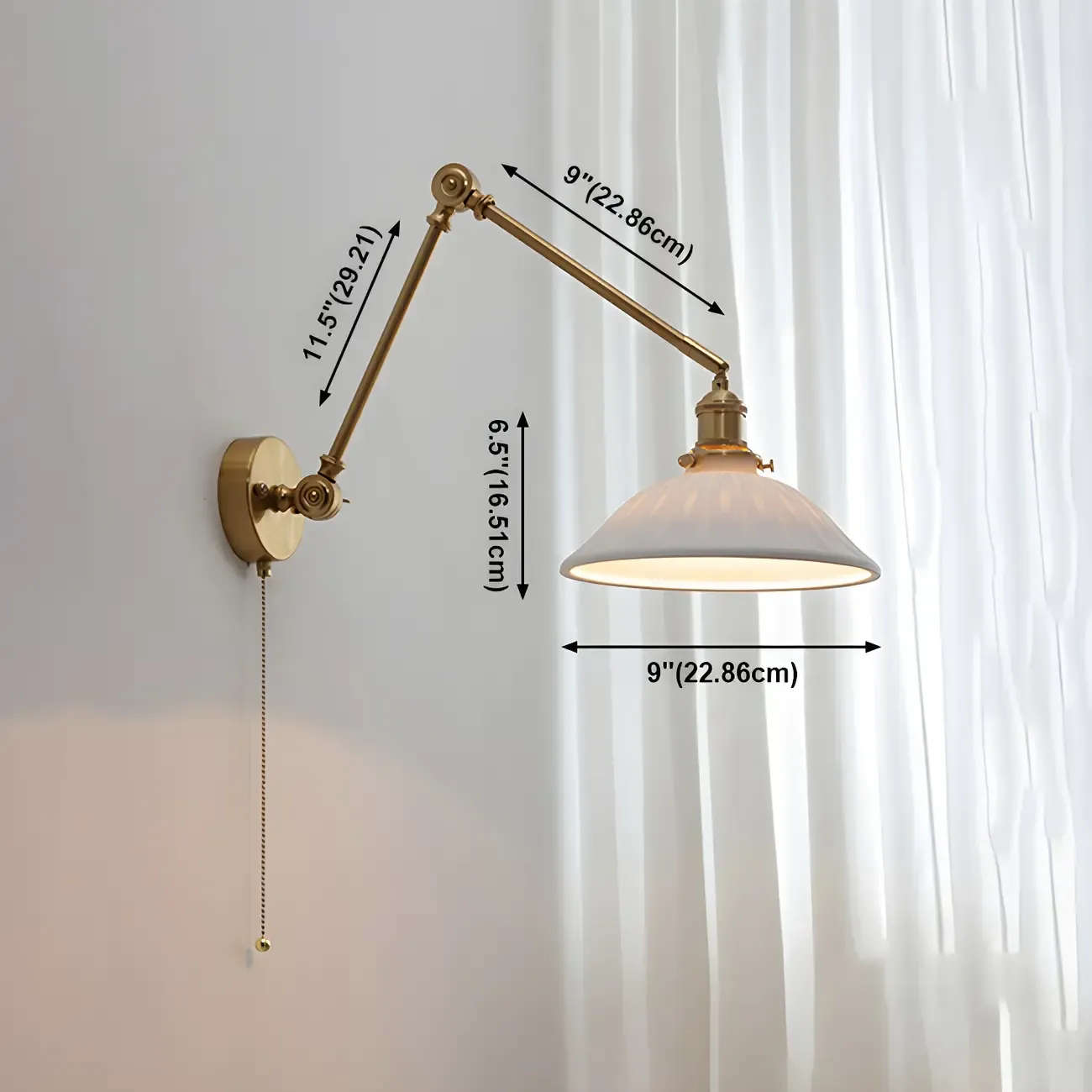 Classic Gold Metal Swing Arm Ceramics Shade Wall Light Image - 17