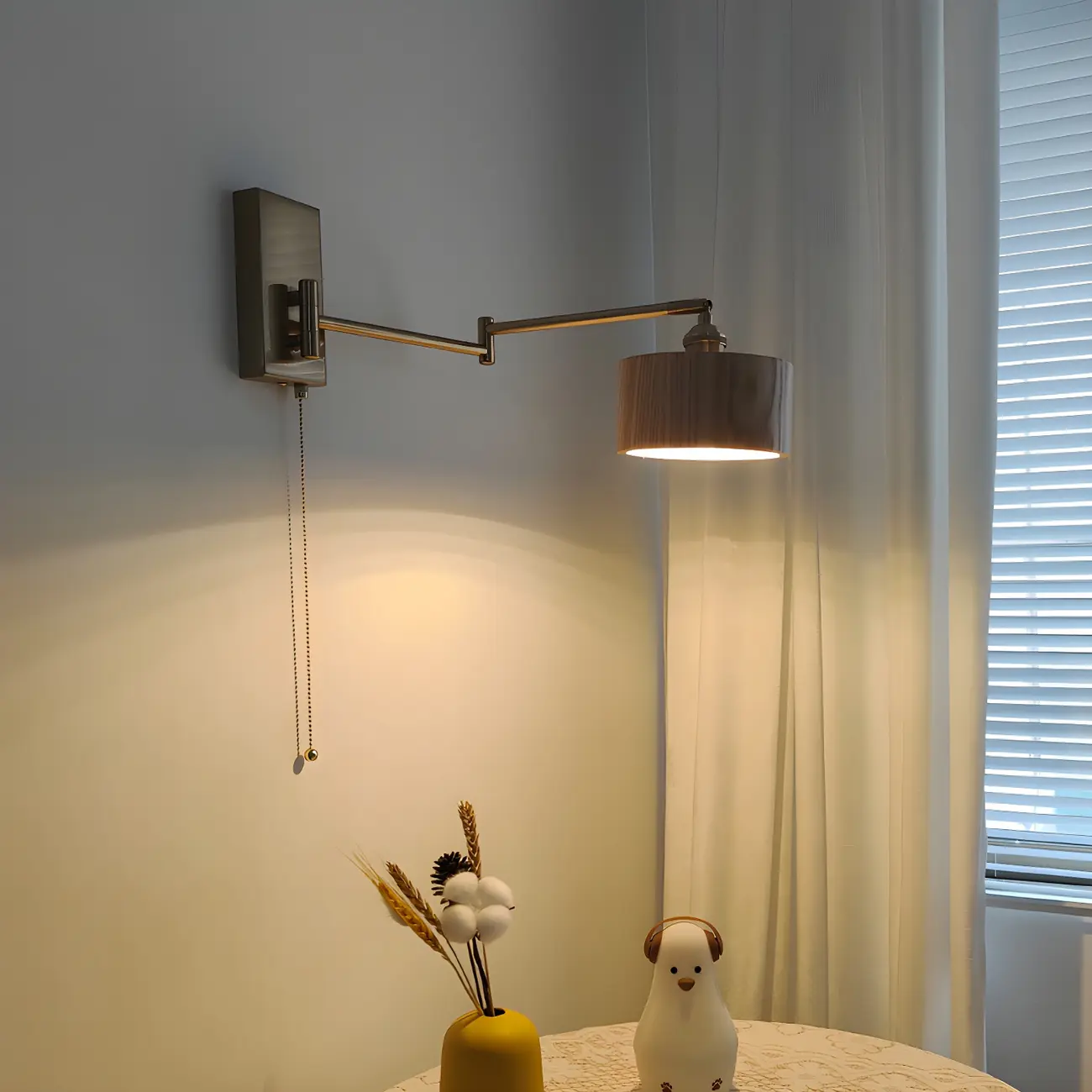 Brown Wood Shade Brass Metal Swing Arm Wall Light Image - 1 | homeyfad