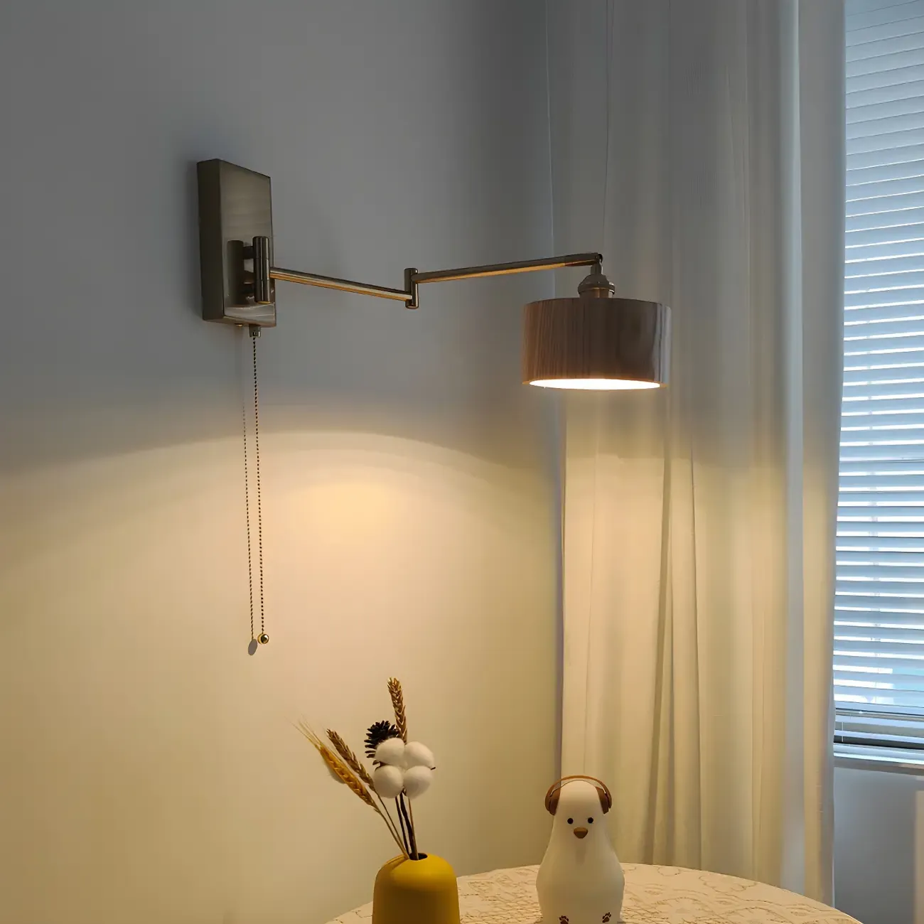 Brown Wood Shade Brass Metal Swing Arm Wall Light Image - 1