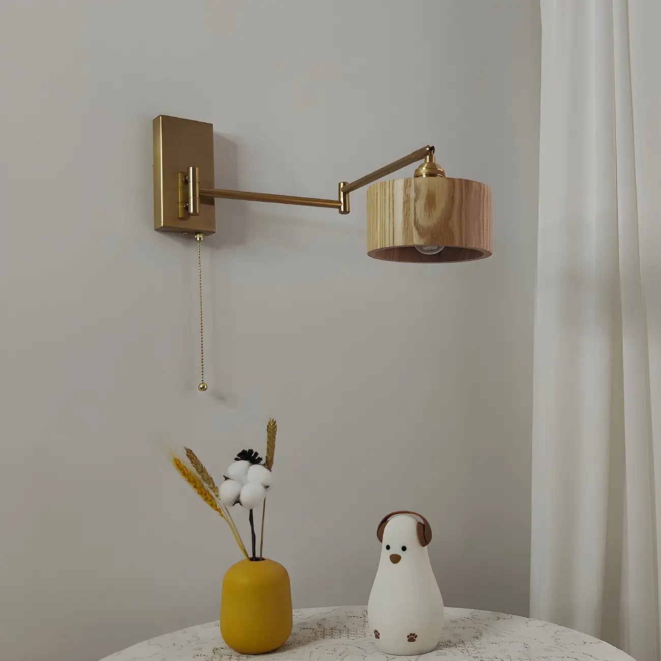 Brown Wood Shade Brass Metal Swing Arm Wall Light Image - 2 | homeyfad