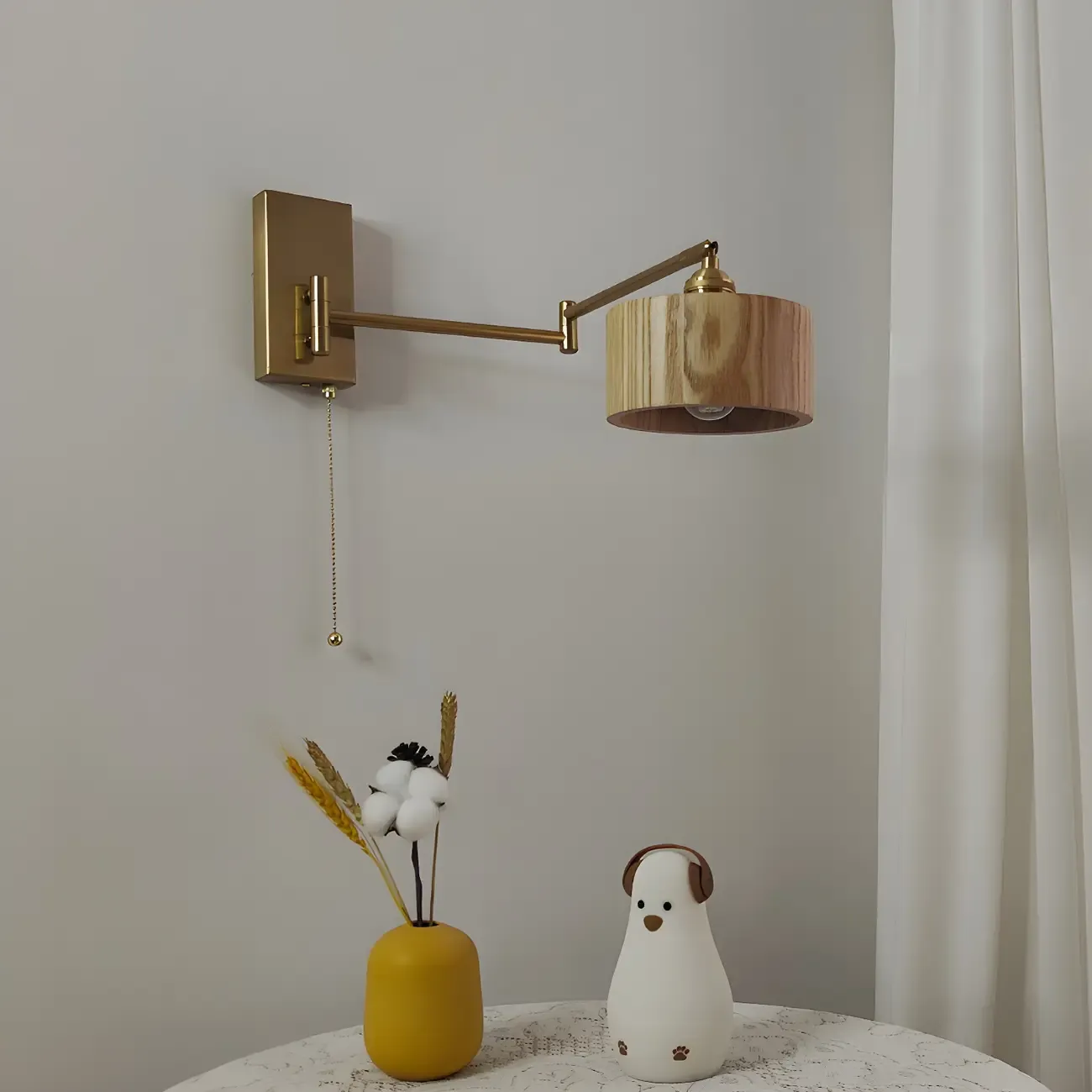 Brown Wood Shade Brass Metal Swing Arm Wall Light Image - 2