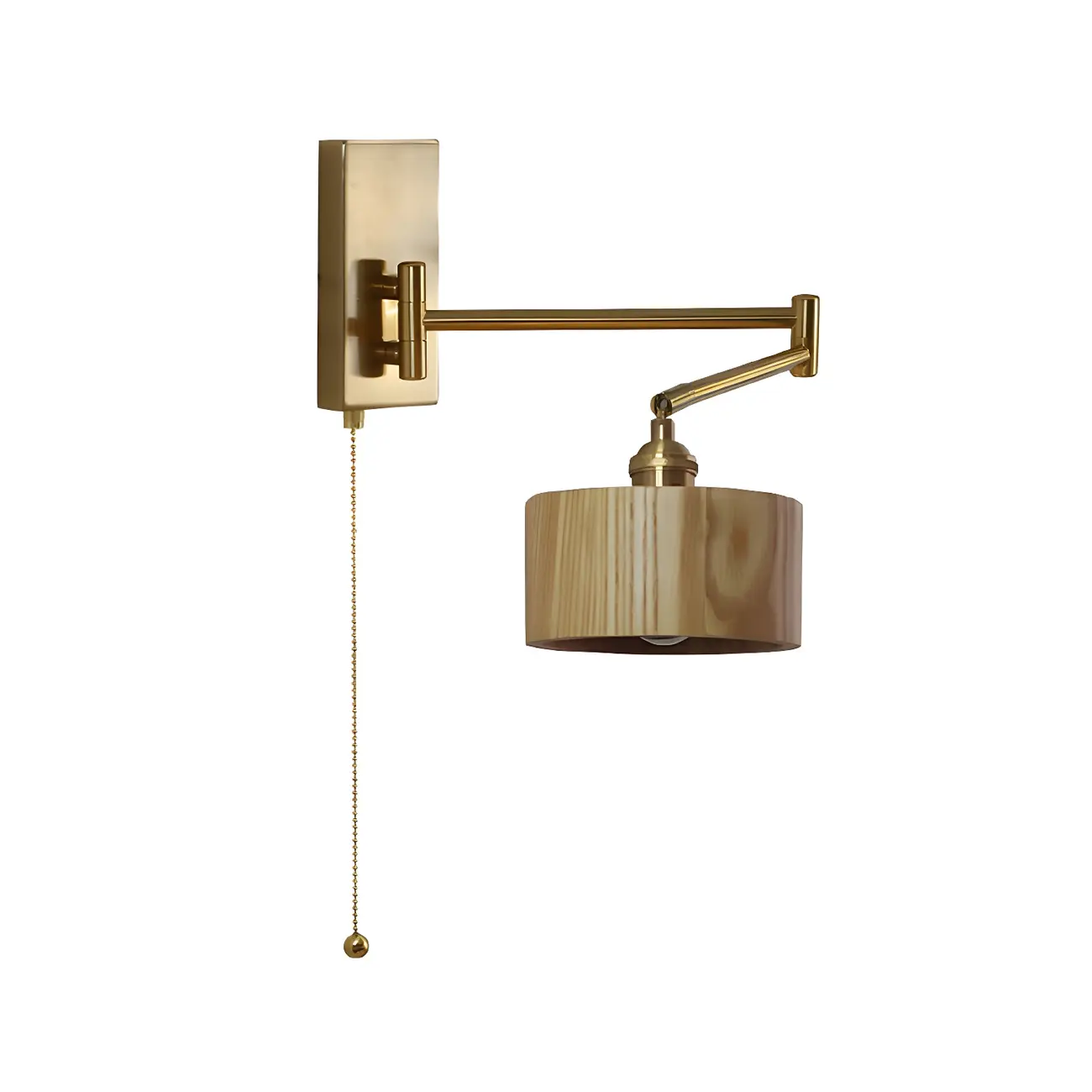 Brown Wood Shade Brass Metal Swing Arm Wall Light Image - 5 | homeyfad