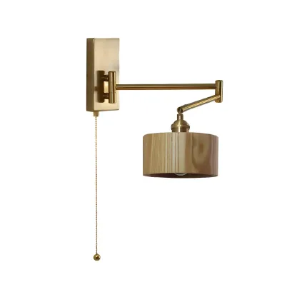 Brown Wood Shade Brass Metal Swing Arm Wall Light Image - 5