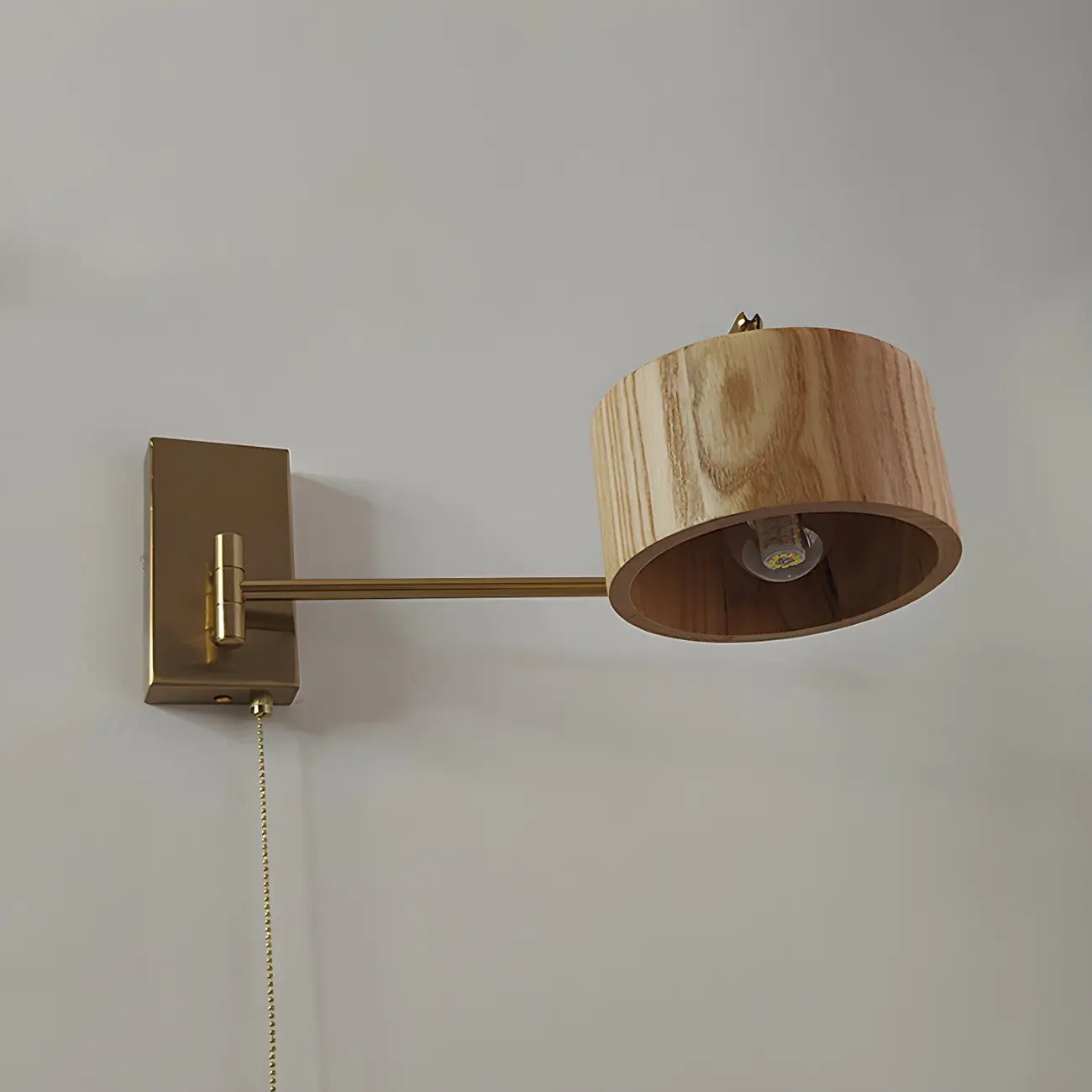 Brown Wood Shade Brass Metal Swing Arm Wall Light Image - 7 | homeyfad