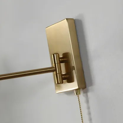 Brown Wood Shade Brass Metal Swing Arm Wall Light Image - 8