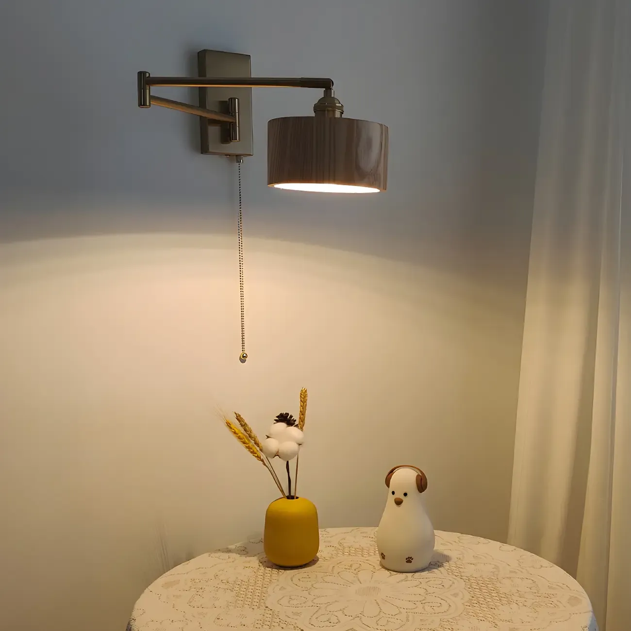 Brown Wood Shade Brass Metal Swing Arm Wall Light Image - 4