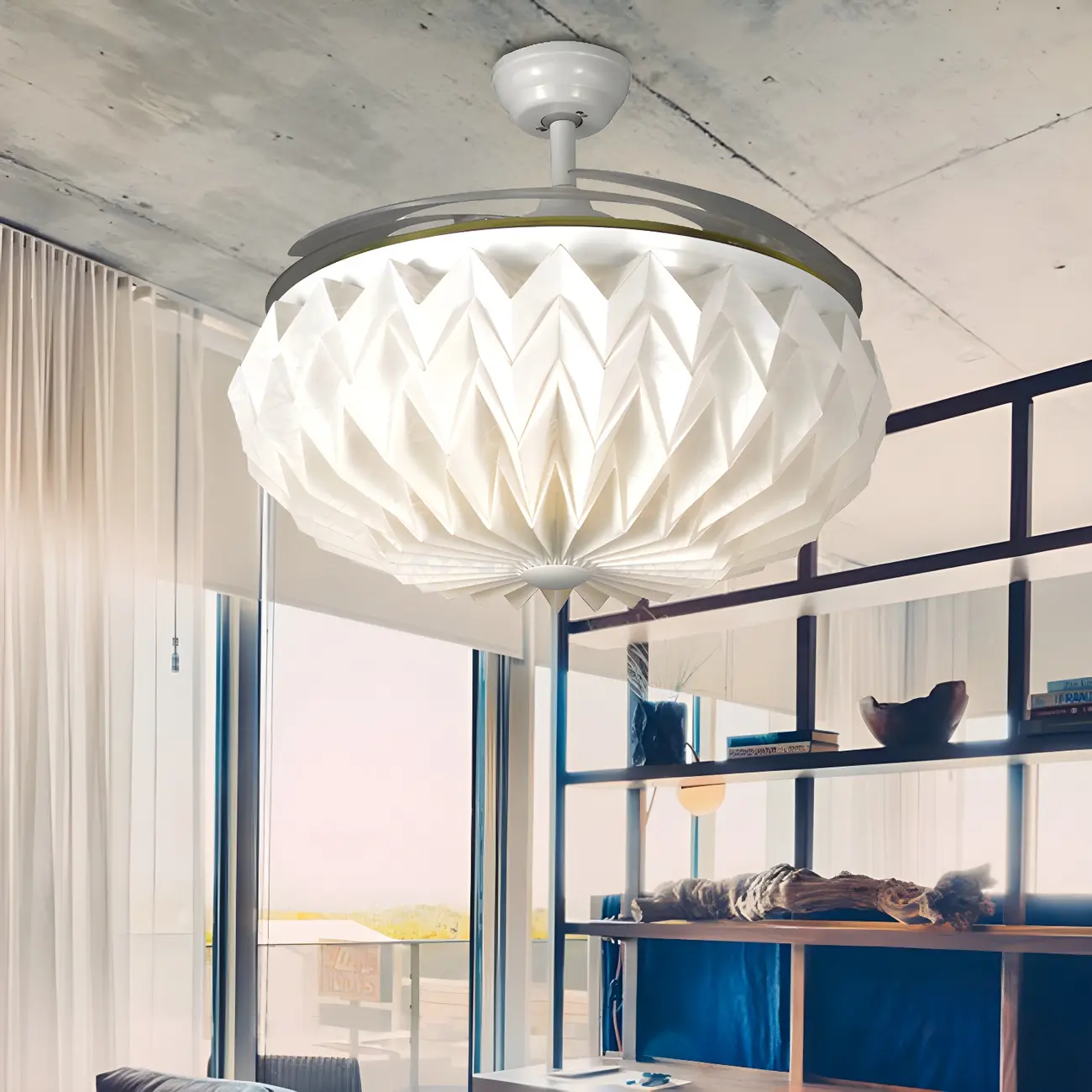 Large White Origami Downrod Ceiling Fans with Light Image - 2 | homeyfad