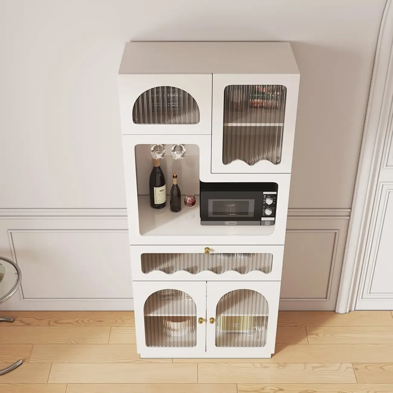 Tall White MDF Fluted Glass Doors Wine storage Sideboard Image - 5