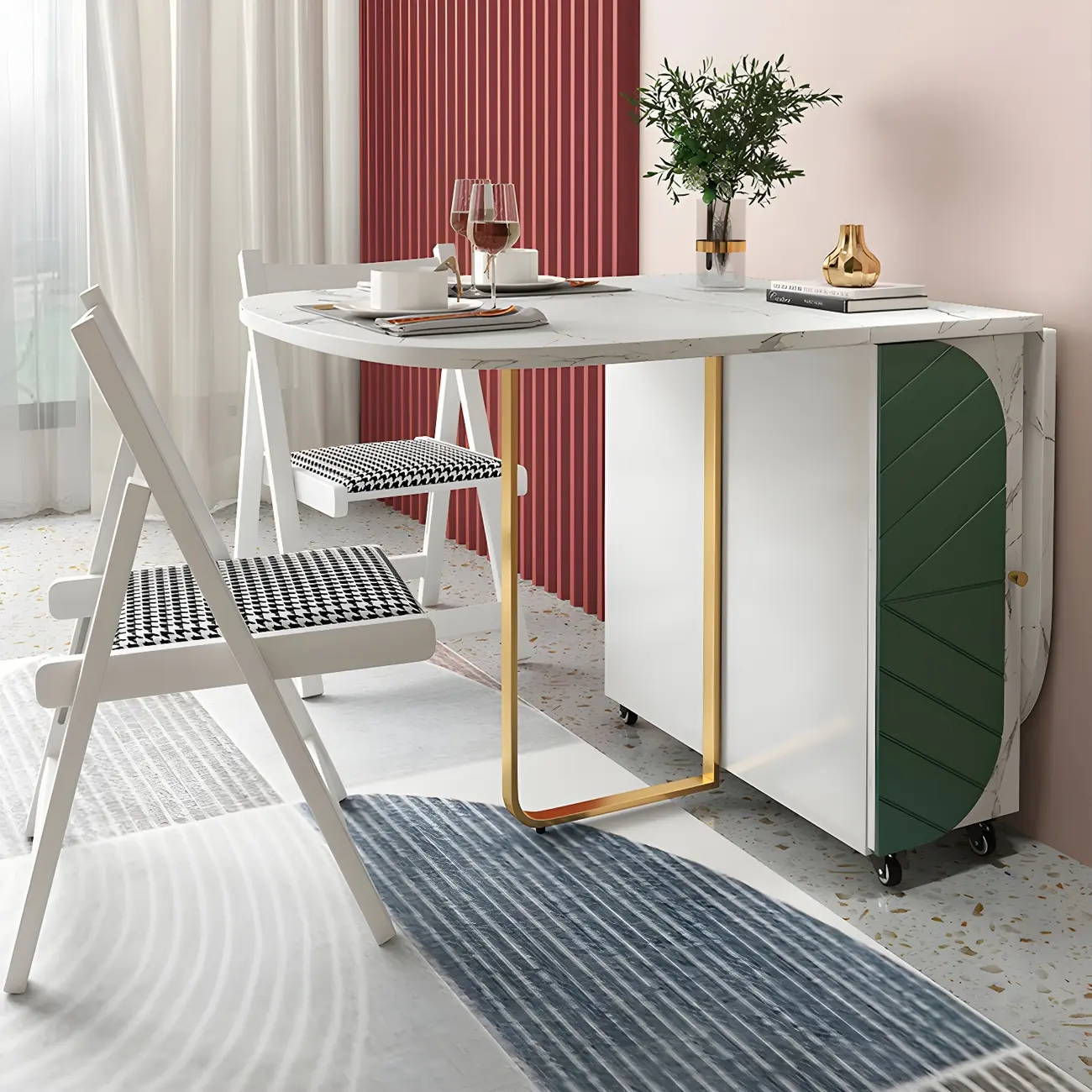 Oval White Marble Wheel Cabinet Folding Dining Table Image - 1 | homeyfad