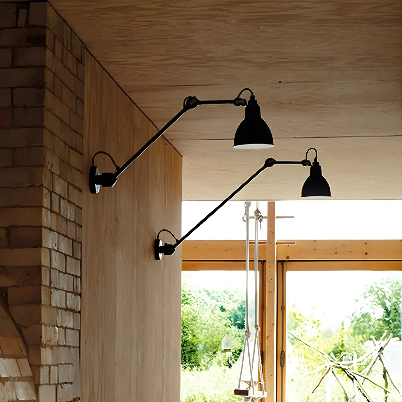 White Inner Shade Black Metal Swing Arm Wall Light Image - 1