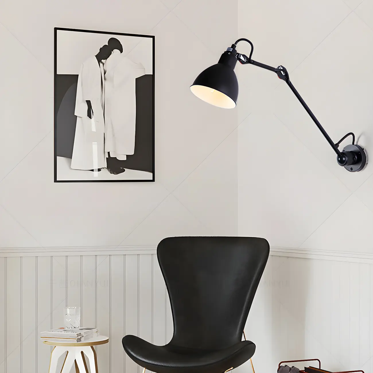 White Inner Shade Black Metal Swing Arm Wall Light Image - 3 | homeyfad