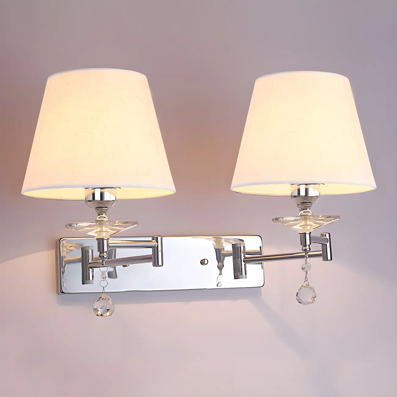 2-Light Silver Swing Arm Fabric Shade Wall Light Image - 6 | homeyfad