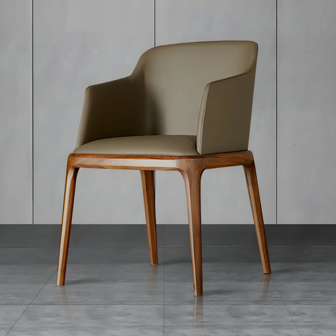 Khaki Leather Wood Legs Armrest Dining Chair Image - 1 | homeyfad