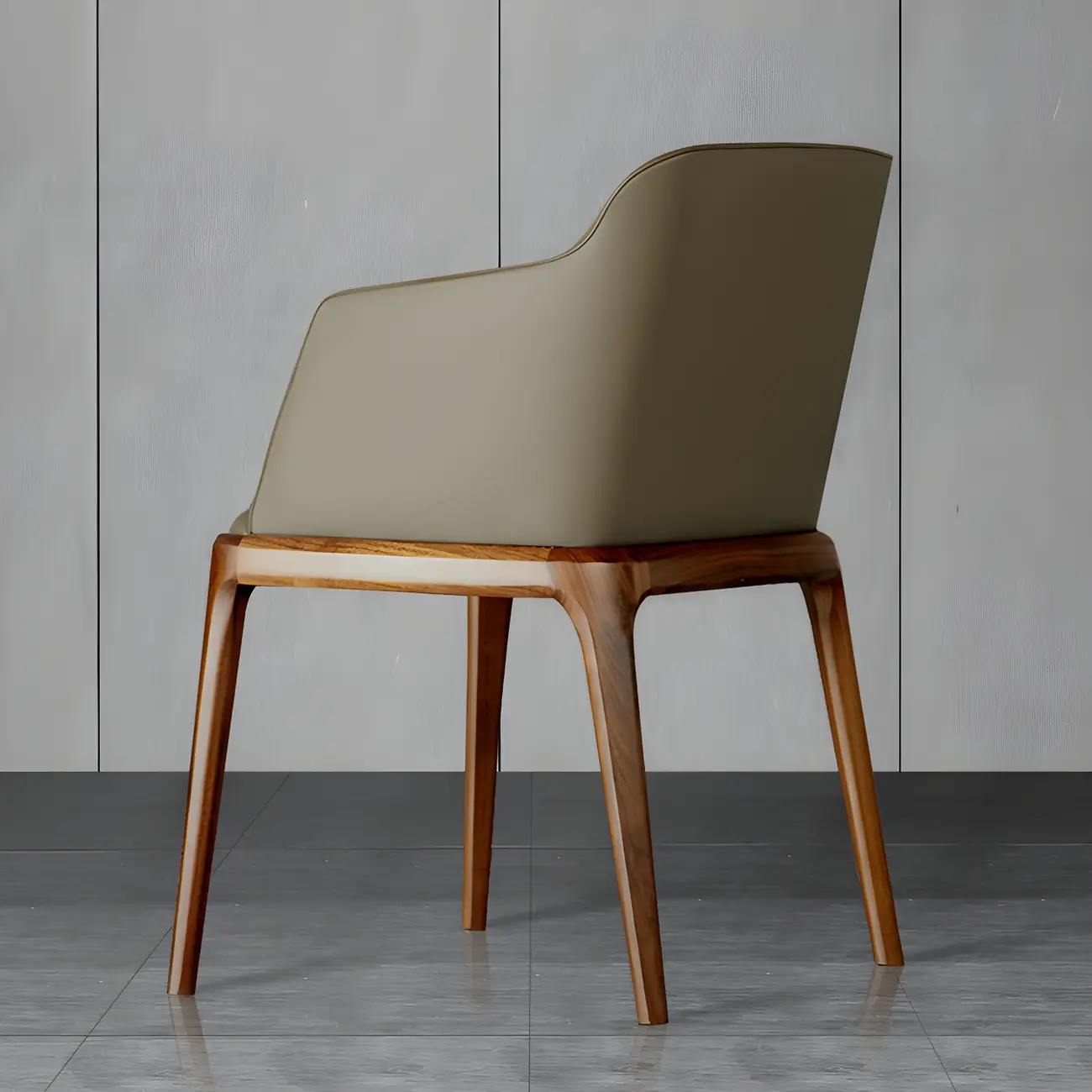 Khaki Leather Wood Legs Armrest Dining Chair Image - 4 | homeyfad