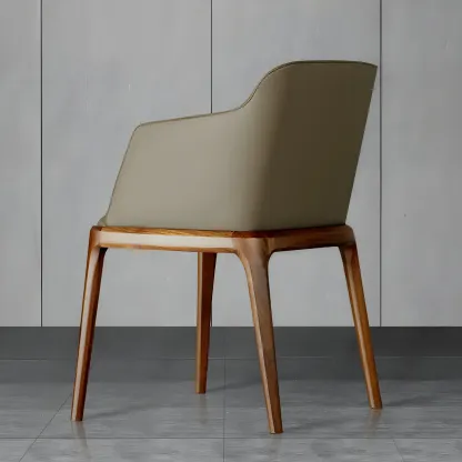 Khaki Leather Wood Legs Armrest Dining Chair Image - 4
