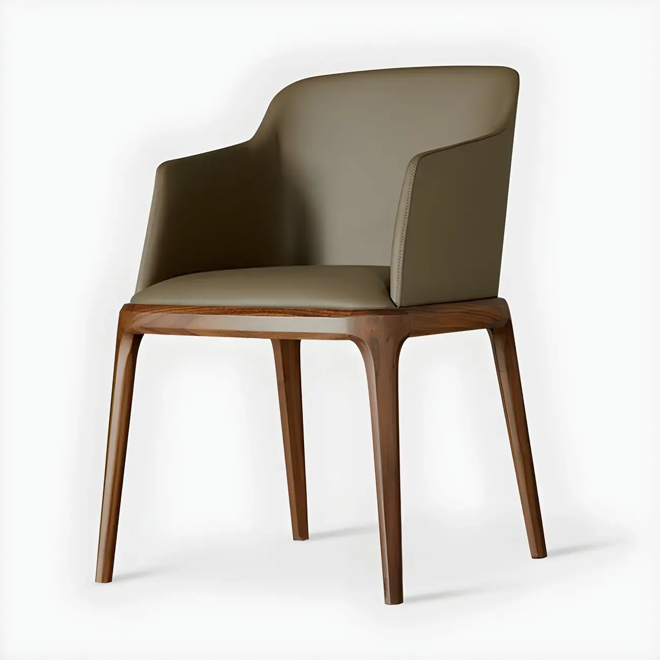 Khaki Leather Wood Legs Armrest Dining Chair Image - 6