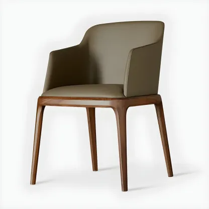 Khaki Leather Wood Legs Armrest Dining Chair Image - 6