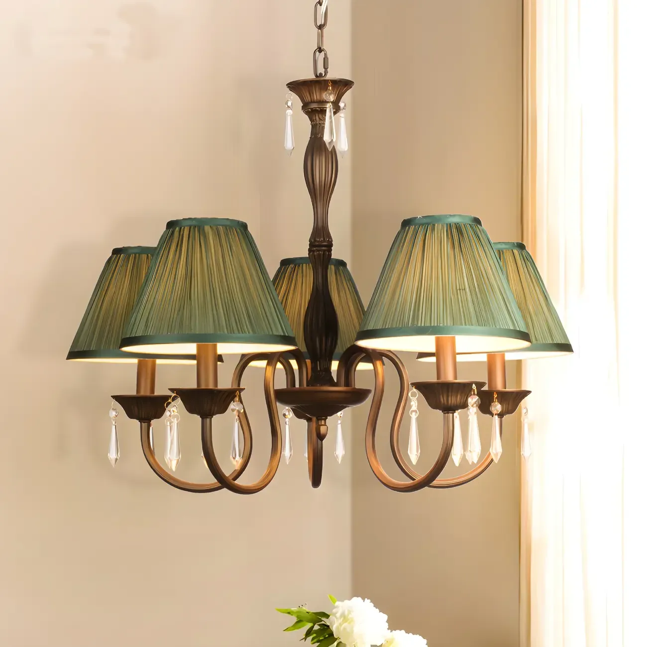 Bronze Crystal Linear Chandelier with Fabric Shades Image - 1