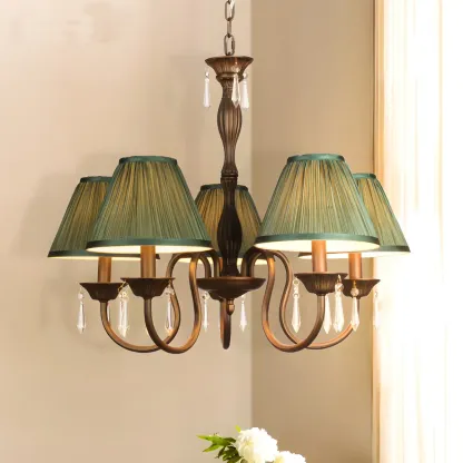Bronze Crystal Linear Chandelier with Fabric Shades Image - 1