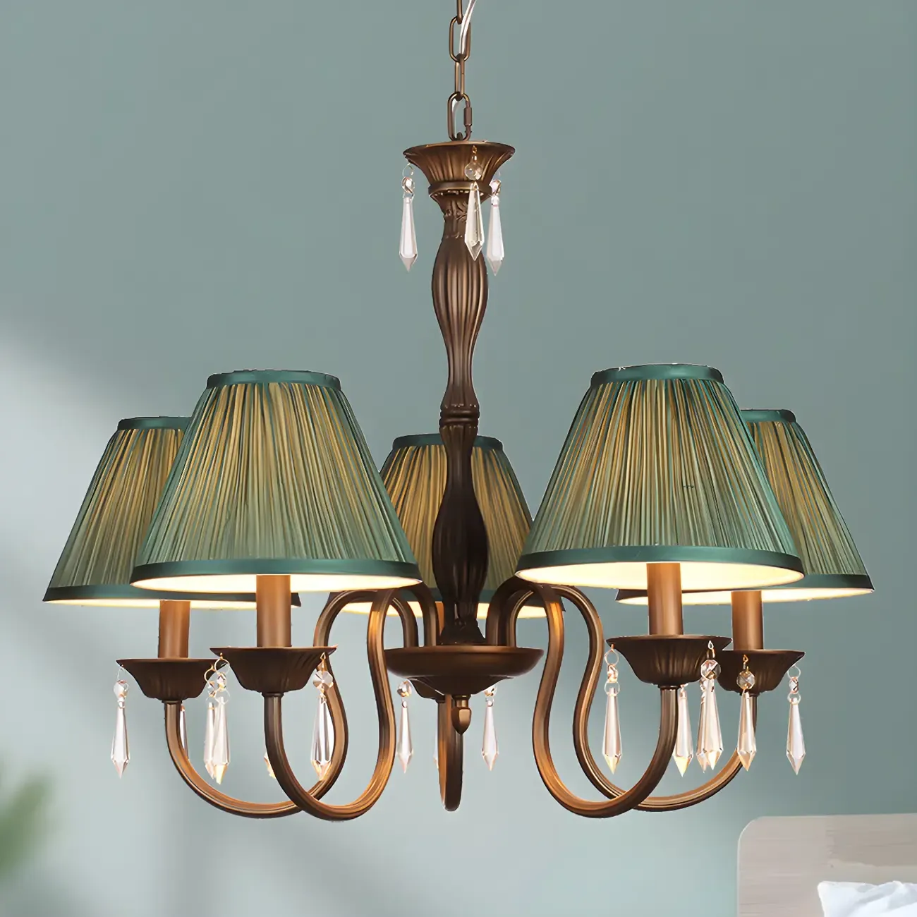 Bronze Crystal Linear Chandelier with Fabric Shades Image - 2