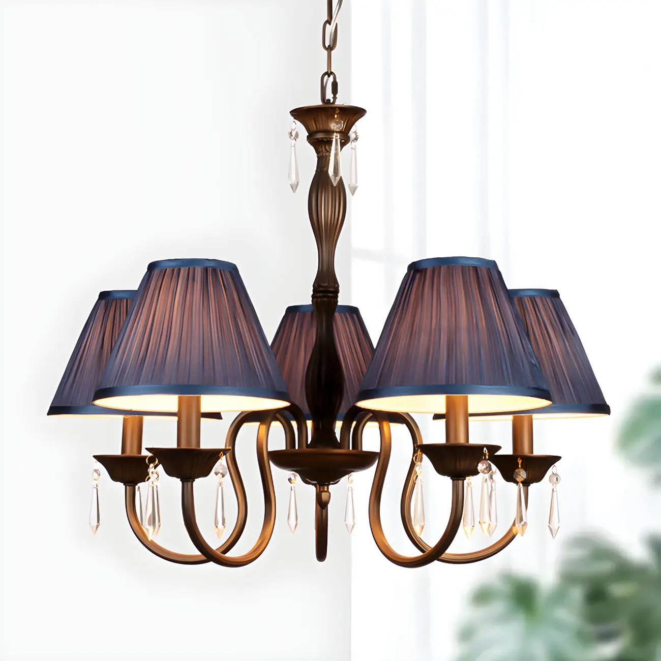 Bronze Crystal Linear Chandelier with Fabric Shades Image - 5 | homeyfad
