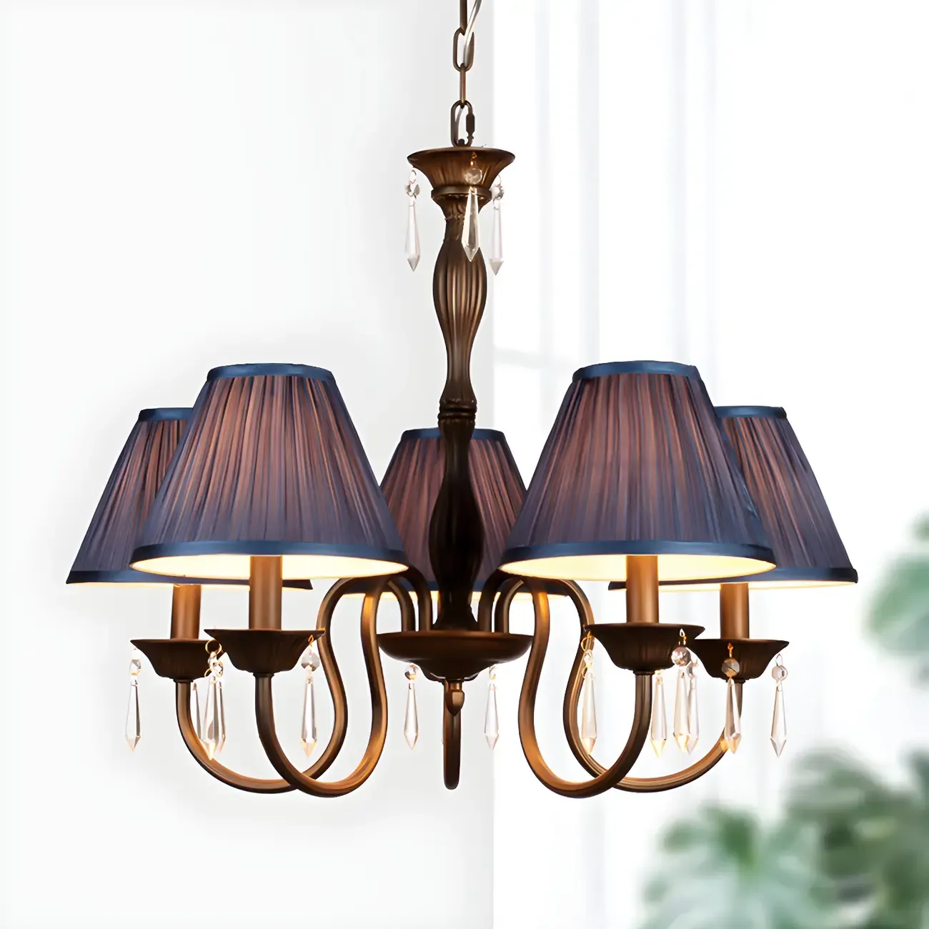 Bronze Crystal Linear Chandelier with Fabric Shades Image - 5